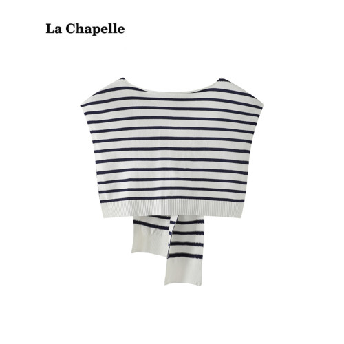 拉夏貝爾/La Chapelle薄款條紋針織披肩襯衫外搭搭肩配裙子小坎肩