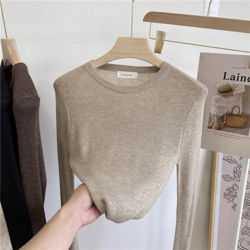 2025春季新款圓領修身彈力打底針織衫女韓版緊身軟糯薄款內搭毛衣