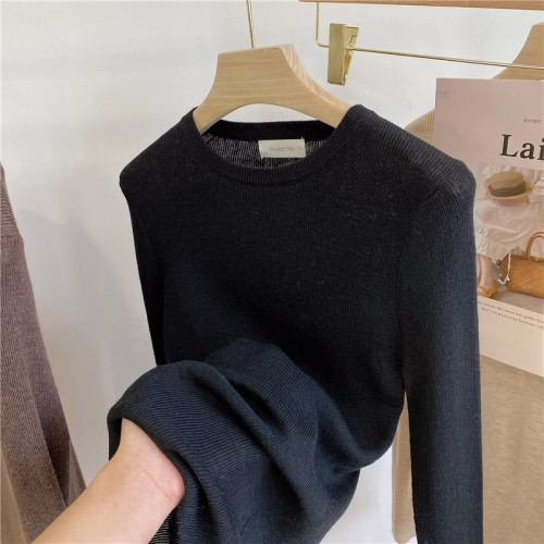 2025春季新款圓領修身彈力打底針織衫女韓版緊身軟糯薄款內搭毛衣