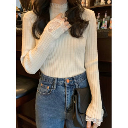 法式白色針織衫拼接蕾絲皮草內搭女秋冬顯瘦半高領毛衣打底衫上衣