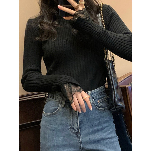 法式白色針織衫拼接蕾絲皮草內搭女秋冬顯瘦半高領毛衣打底衫上衣