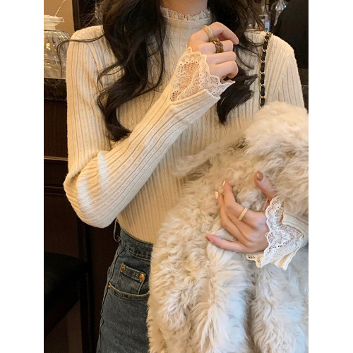 法式白色針織衫拼接蕾絲皮草內搭女秋冬顯瘦半高領毛衣打底衫上衣