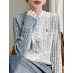 2025秋冬新款刺綉針織開衫女圓領寬松麻花毛衣外套設計感上衣外搭