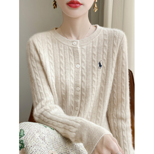 2025秋冬新款刺綉針織開衫女圓領寬松麻花毛衣外套設計感上衣外搭