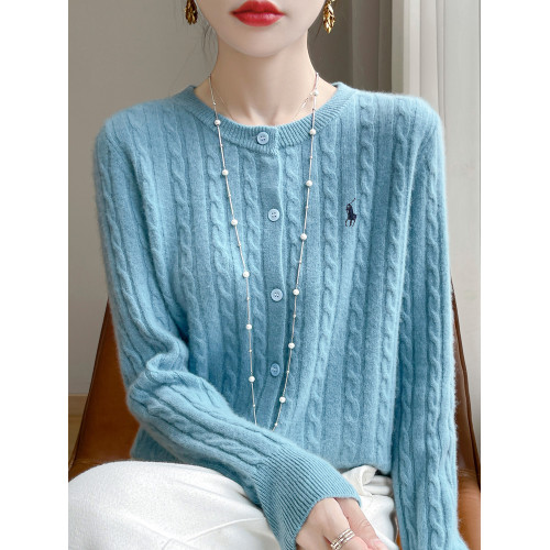 2025秋冬新款刺綉針織開衫女圓領寬松麻花毛衣外套設計感上衣外搭