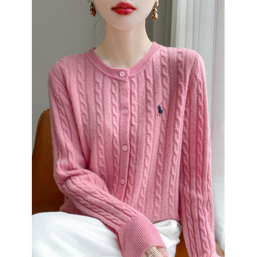 2025秋冬新款刺綉針織開衫女圓領寬松麻花毛衣外套設計感上衣外搭