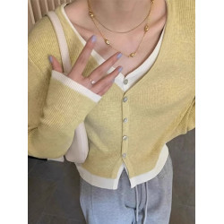 假兩件v領針織開衫女秋冬穿搭設計感短款毛衣外套獨特別致小上衣