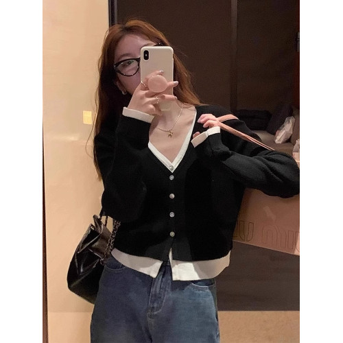 假兩件v領針織開衫女秋冬穿搭設計感短款毛衣外套獨特別致小上衣