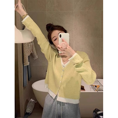 假兩件v領針織開衫女秋冬穿搭設計感短款毛衣外套獨特別致小上衣