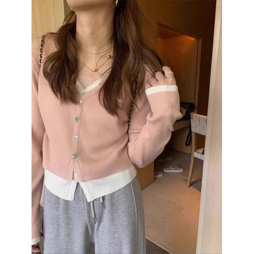 假兩件v領針織開衫女秋冬穿搭設計感短款毛衣外套獨特別致小上衣