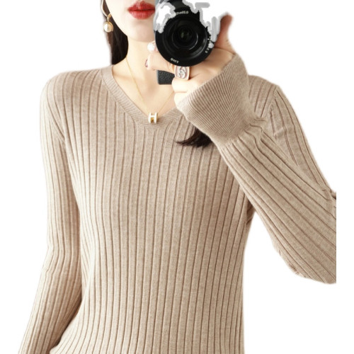 新款長袖針織衫女V領坑條套頭打底衫秋冬寬松顯瘦休閒百搭羊毛衫