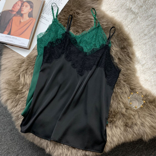 醋酸緞面吊帶背心內搭外穿V領美背性感短款簡約拼接蕾絲打底衫女