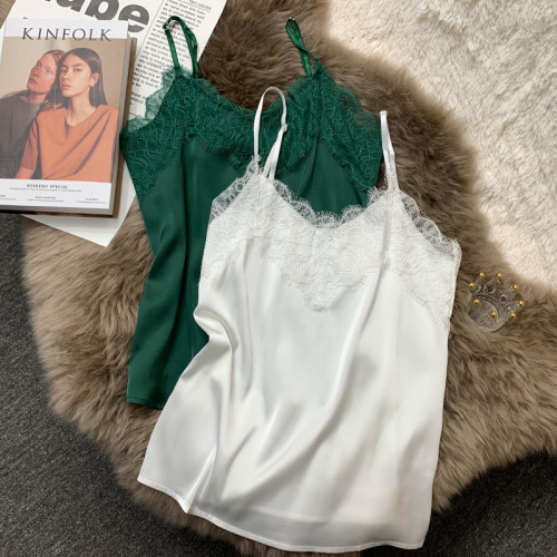 醋酸緞面吊帶背心內搭外穿V領美背性感短款簡約拼接蕾絲打底衫女