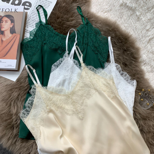 醋酸緞面吊帶背心內搭外穿V領美背性感短款簡約拼接蕾絲打底衫女