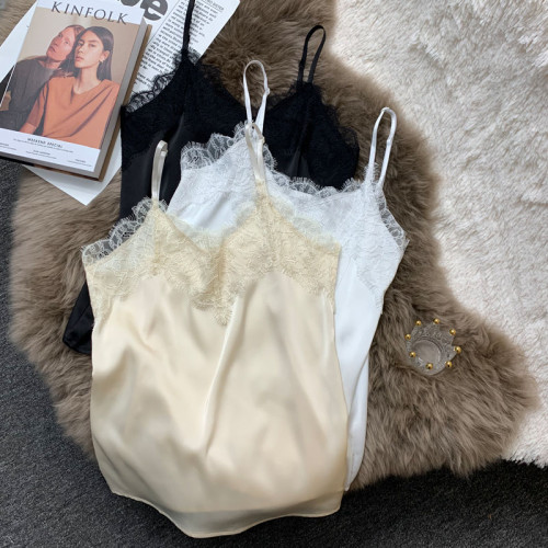 醋酸緞面吊帶背心內搭外穿V領美背性感短款簡約拼接蕾絲打底衫女