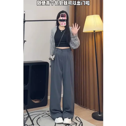 灰色西裝褲秋季大碼女褲子胖mm梨形身材不顯胯高腰垂感休閒濶腿褲 灰色西裝褲秋季大碼女褲子胖mm梨形身材不顯胯高腰垂感休閒濶腿褲