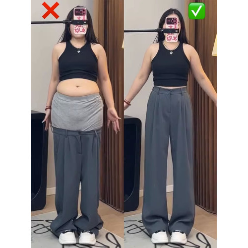 灰色西裝褲秋季大碼女褲子胖mm梨形身材不顯胯高腰垂感休閒濶腿褲 灰色西裝褲秋季大碼女褲子胖mm梨形身材不顯胯高腰垂感休閒濶腿褲