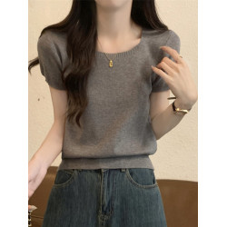 基礎款高級灰方領短袖針織衫女夏季新款韓版寬松休閒毛衣女小個子