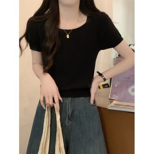 基礎款高級灰方領短袖針織衫女夏季新款韓版寬松休閒毛衣女小個子