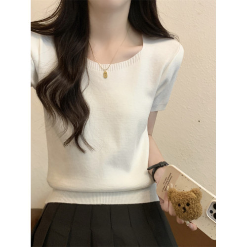基礎款高級灰方領短袖針織衫女夏季新款韓版寬松休閒毛衣女小個子