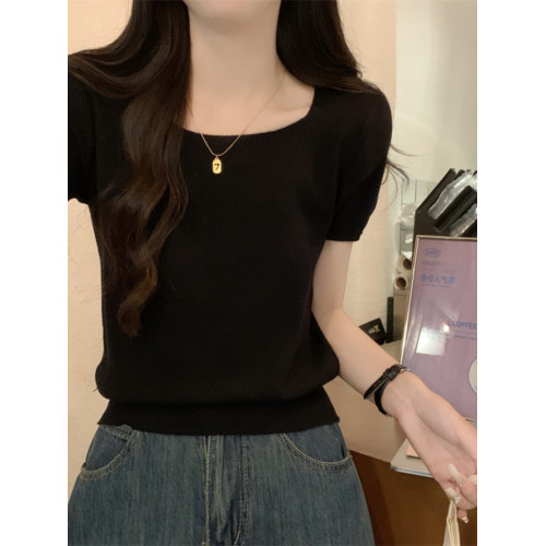 基礎款高級灰方領短袖針織衫女夏季新款韓版寬松休閒毛衣女小個子