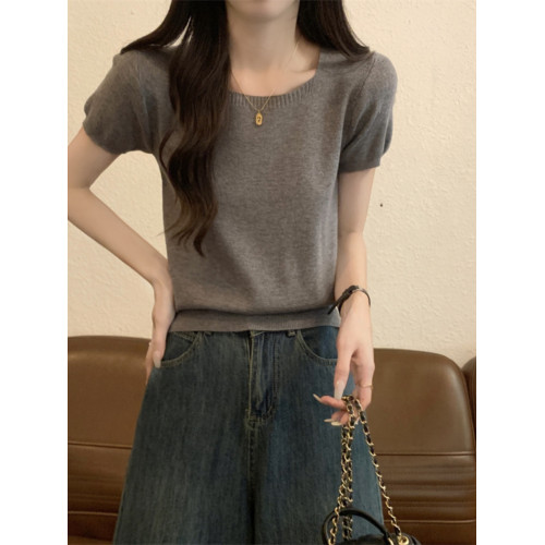 基礎款高級灰方領短袖針織衫女夏季新款韓版寬松休閒毛衣女小個子