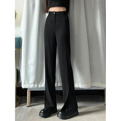 黑色直筒開叉西裝褲女秋季新款大碼胖mm寬松顯瘦垂墜感濶腿休閒褲