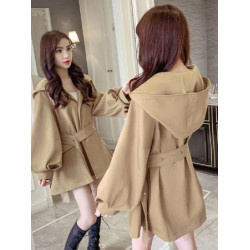 秋冬薄款新款時尚百搭赫本風燈籠袖外套女小個子中長款風衣大衣潮