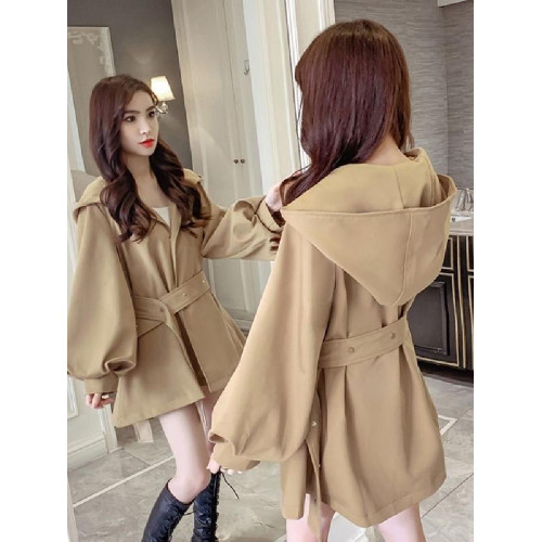 秋冬薄款新款時尚百搭赫本風燈籠袖外套女小個子中長款風衣大衣潮