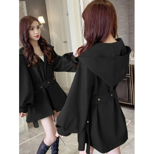 秋冬薄款新款時尚百搭赫本風燈籠袖外套女小個子中長款風衣大衣潮