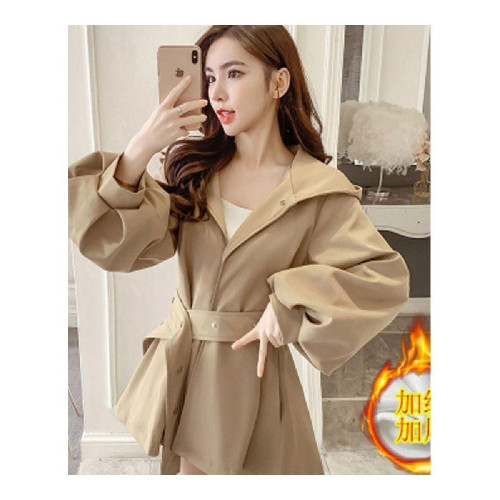 秋冬薄款新款時尚百搭赫本風燈籠袖外套女小個子中長款風衣大衣潮