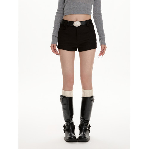 黑色毛呢a字短褲女冬2025新款高腰顯瘦休閒加厚直筒褲辣妹靴褲子