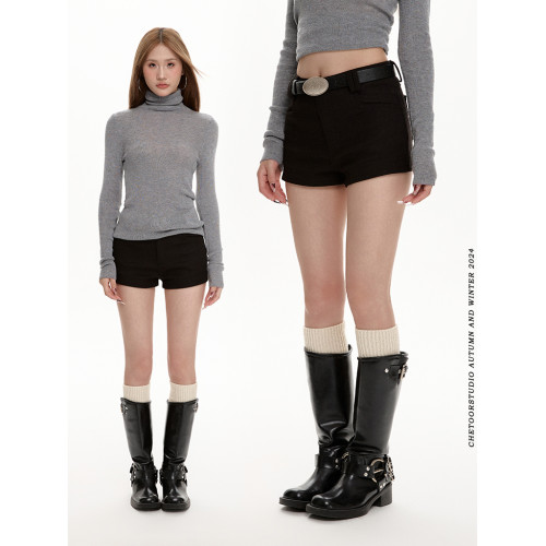 黑色毛呢a字短褲女冬2025新款高腰顯瘦休閒加厚直筒褲辣妹靴褲子