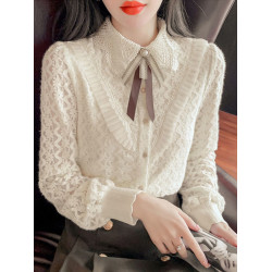 加絨加厚襯衫女秋冬新款蕾絲小衫別致氣質上衣高貴洋氣時尚打底衫