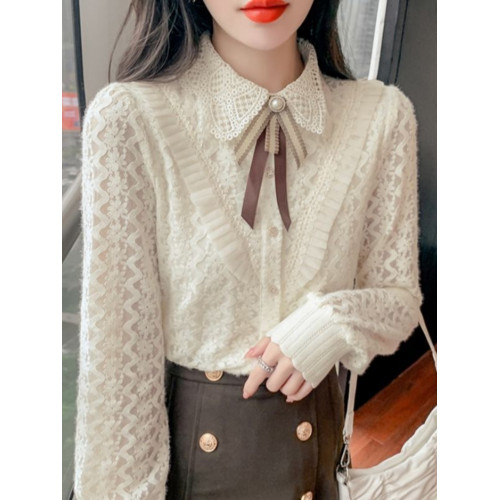加絨加厚襯衫女秋冬新款蕾絲小衫別致氣質上衣高貴洋氣時尚打底衫