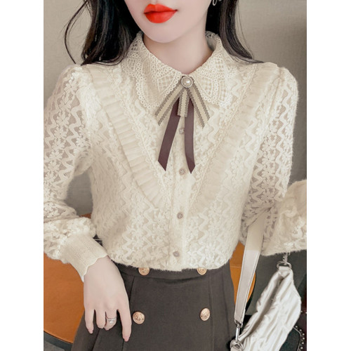 加絨加厚襯衫女秋冬新款蕾絲小衫別致氣質上衣高貴洋氣時尚打底衫