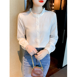 早春秋2025年新款時尚減齡提花純棉襯衫女洋氣全棉木耳領上衣長袖