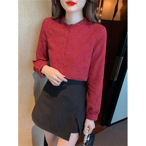 早春秋2025年新款時尚減齡提花純棉襯衫女洋氣全棉木耳領上衣長袖