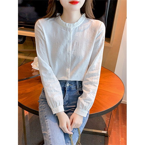 早春秋2025年新款時尚減齡提花純棉襯衫女洋氣全棉木耳領上衣長袖