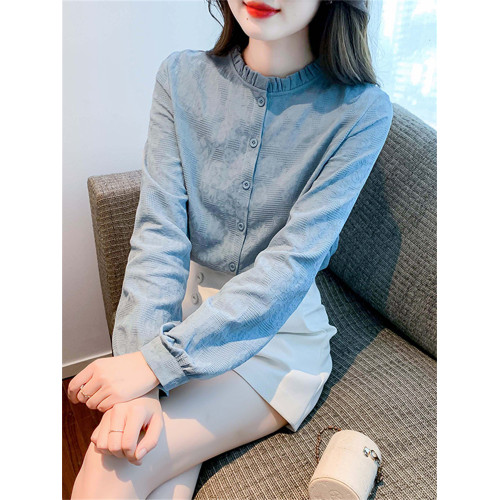 早春秋2025年新款時尚減齡提花純棉襯衫女洋氣全棉木耳領上衣長袖