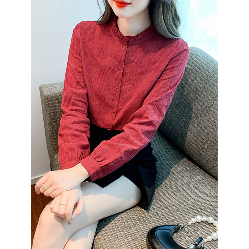 早春秋2025年新款時尚減齡提花純棉襯衫女洋氣全棉木耳領上衣長袖