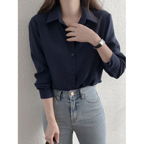 雪紡襯衫女新款純色垂感柔順襯衣藏秋色OL氣質洋氣上衣春夏打底衫