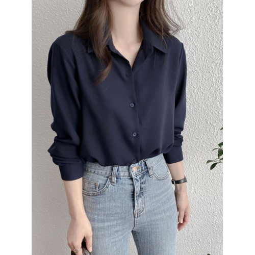 雪紡襯衫女新款純色垂感柔順襯衣藏秋色OL氣質洋氣上衣春夏打底衫