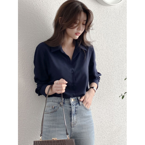 雪紡襯衫女新款純色垂感柔順襯衣藏秋色OL氣質洋氣上衣春夏打底衫