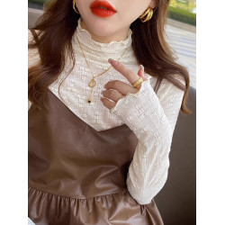 白色蕾絲內搭加絨打底衫長袖T恤女秋冬輕熟法式木耳邊半高領上衣