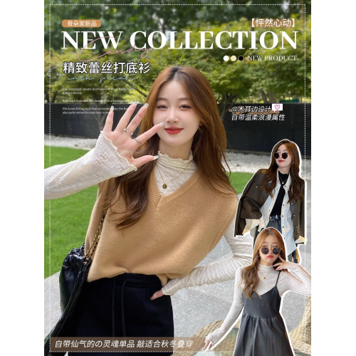 白色蕾絲內搭加絨打底衫長袖T恤女秋冬輕熟法式木耳邊半高領上衣