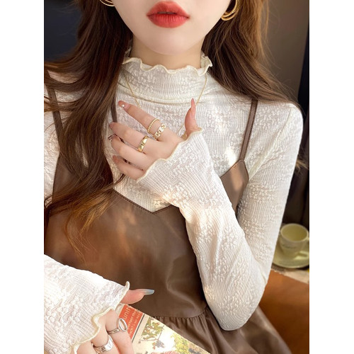 白色蕾絲內搭加絨打底衫長袖T恤女秋冬輕熟法式木耳邊半高領上衣