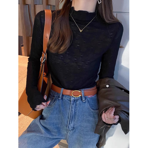 白色蕾絲內搭加絨打底衫長袖T恤女秋冬輕熟法式木耳邊半高領上衣