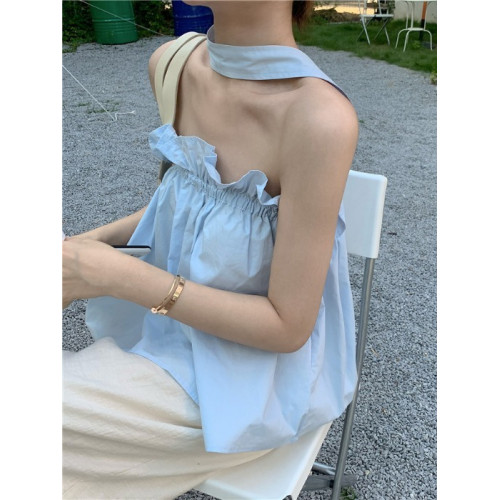 度假風法式露鎖骨chic一字肩掛脖上衣女夏高級感露肩網紅無袖T恤