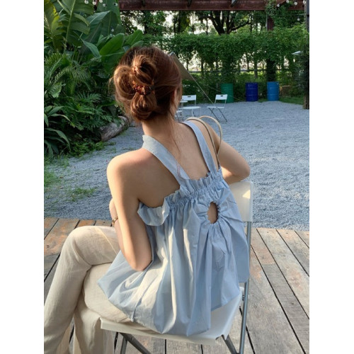 度假風法式露鎖骨chic一字肩掛脖上衣女夏高級感露肩網紅無袖T恤